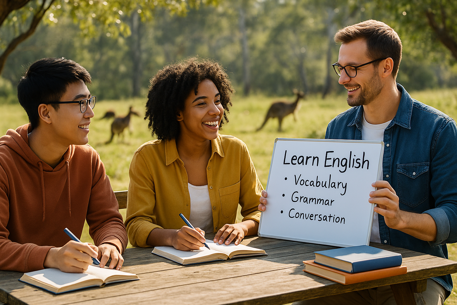 Students learning English outdoors
